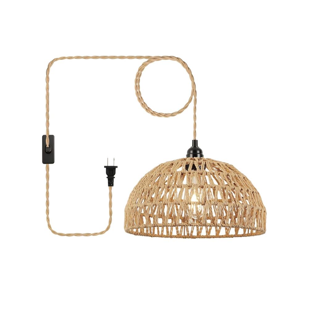 Foucasal Rattan Plug In Pendant Light Boho Hanging Lamp 15ft Cord